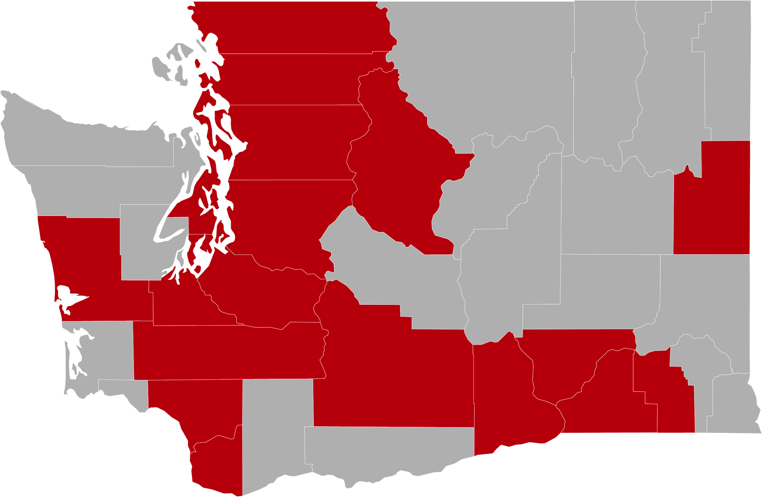 Washington state map with 19 counties colored in red to represent EnhanceFitness.