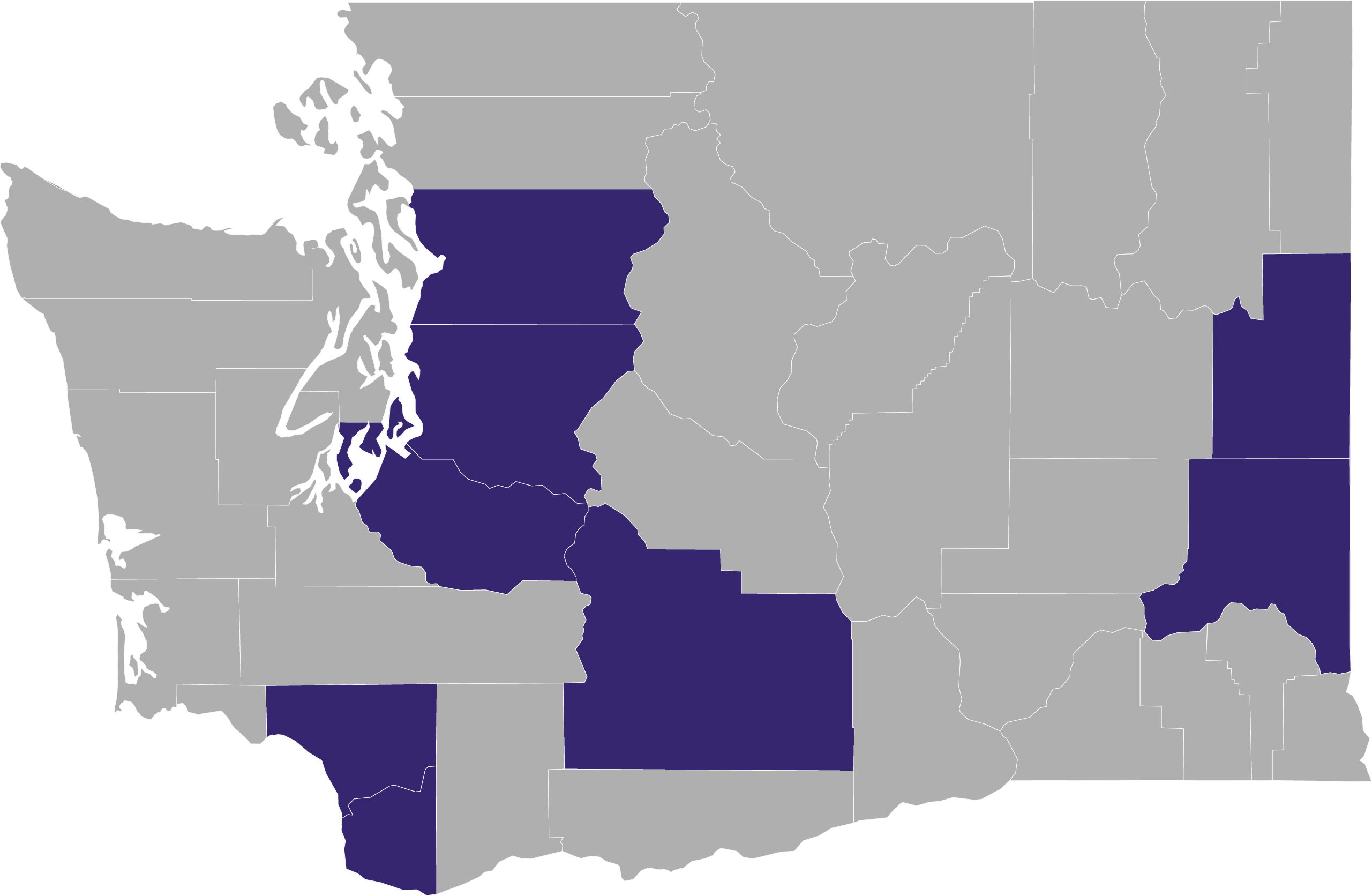 Washington state map with eight counties colored in purple to represent PEARLS.